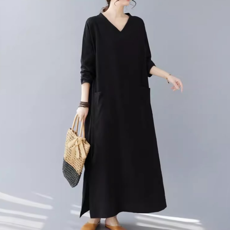 レディース スカート ワンピース プルオーバー ドレス ロングスカート ロング 長袖 Vネック スリット サイドスリット ポケット かわいい 大人可愛い きれいめ シンプル カジュアル 上品 おしゃれ 5,096円
