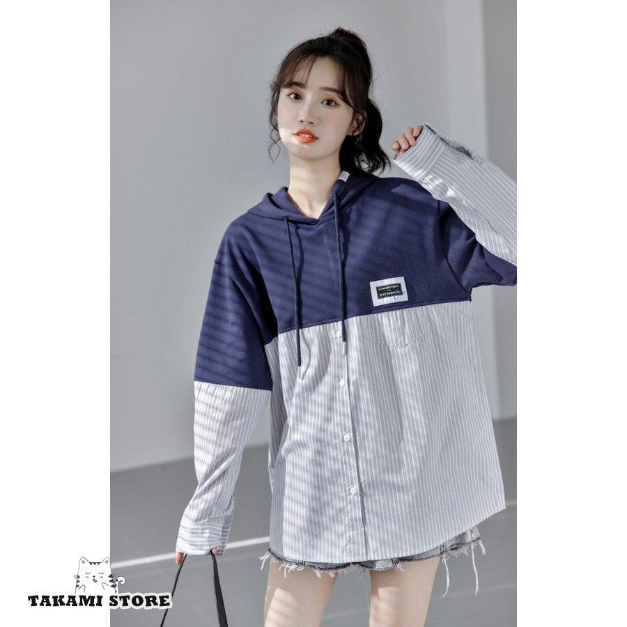 ドッキング パーカー ストライプ シャツ レディース トップス 長袖 秋 春 ドッキングシャツ フード付きパーカー フーディ― 大きいサイズ カジュアル 韓国