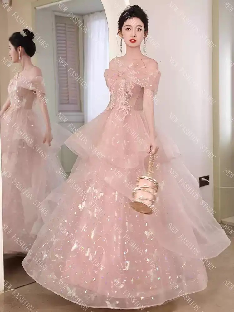 ピンクイブニングドレス女仙気プリンセススカート芸考一字肩ワンピース-69 9,697円