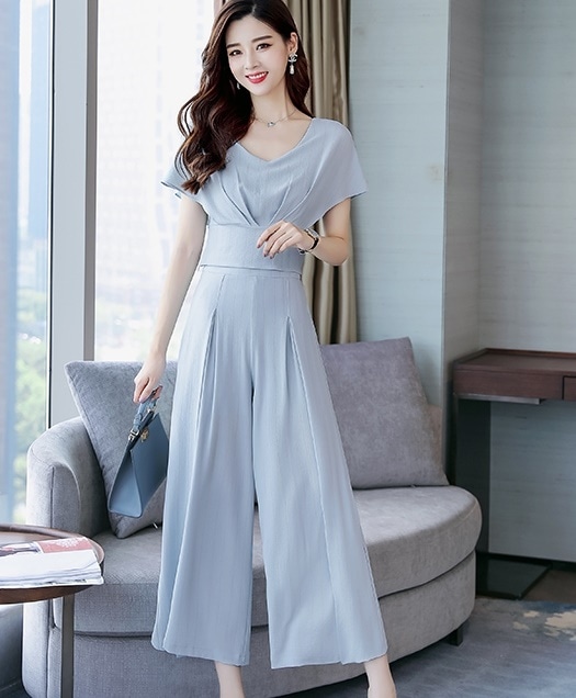 1573. Vネックオールインワン（ブルー）2019　春夏　お呼ばれ　通学　通勤　ショッピング　女子会