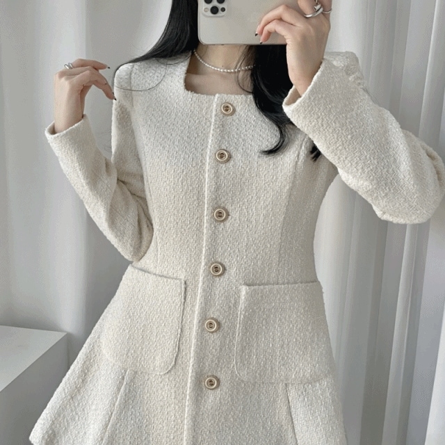 [韓国/ウール30] スクエアツイードジャケットミニワンピース/ お呼ばれワンピース
