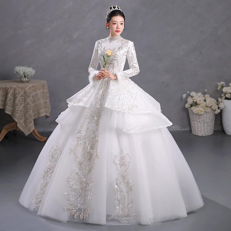 重工 長袖 ウェディングドレス 2025 花嫁 質感 結婚式 プリンセス ウェディングドレス 秋冬