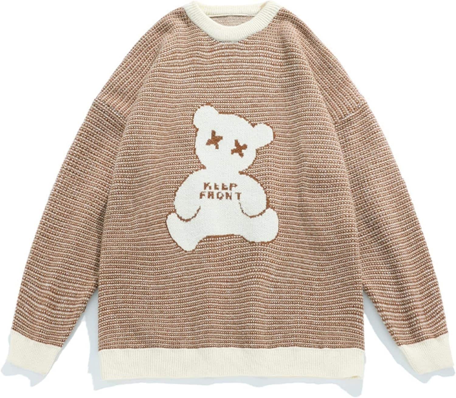 メンズ レディース 長袖シャツ ニットパーカー クマ柄 可愛い 韓国風 ペアルック ソフト ストレッチ プルオーバー クルーネック 保温性 吸汗 丈長め カジュアル 春秋服 トップス 体型パ