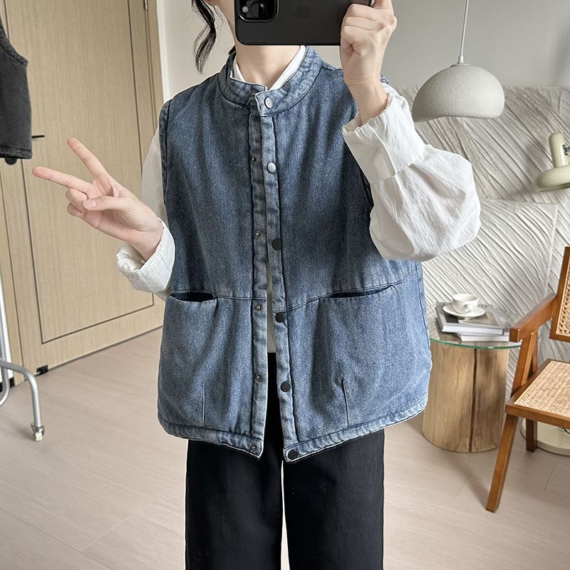 【冬新作】レトロ綿入りデニムチョッキ 韓国風ゆったり超人気 ショート丈 スモールサイズ対応 厚手保温