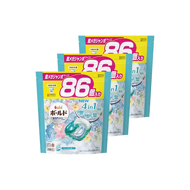 [ケース販売] ボールド 洗濯洗剤 ジェルボール4D フレッシュフラワーサボン 詰め替え 86個x3袋 4つの機能が1つで完璧!