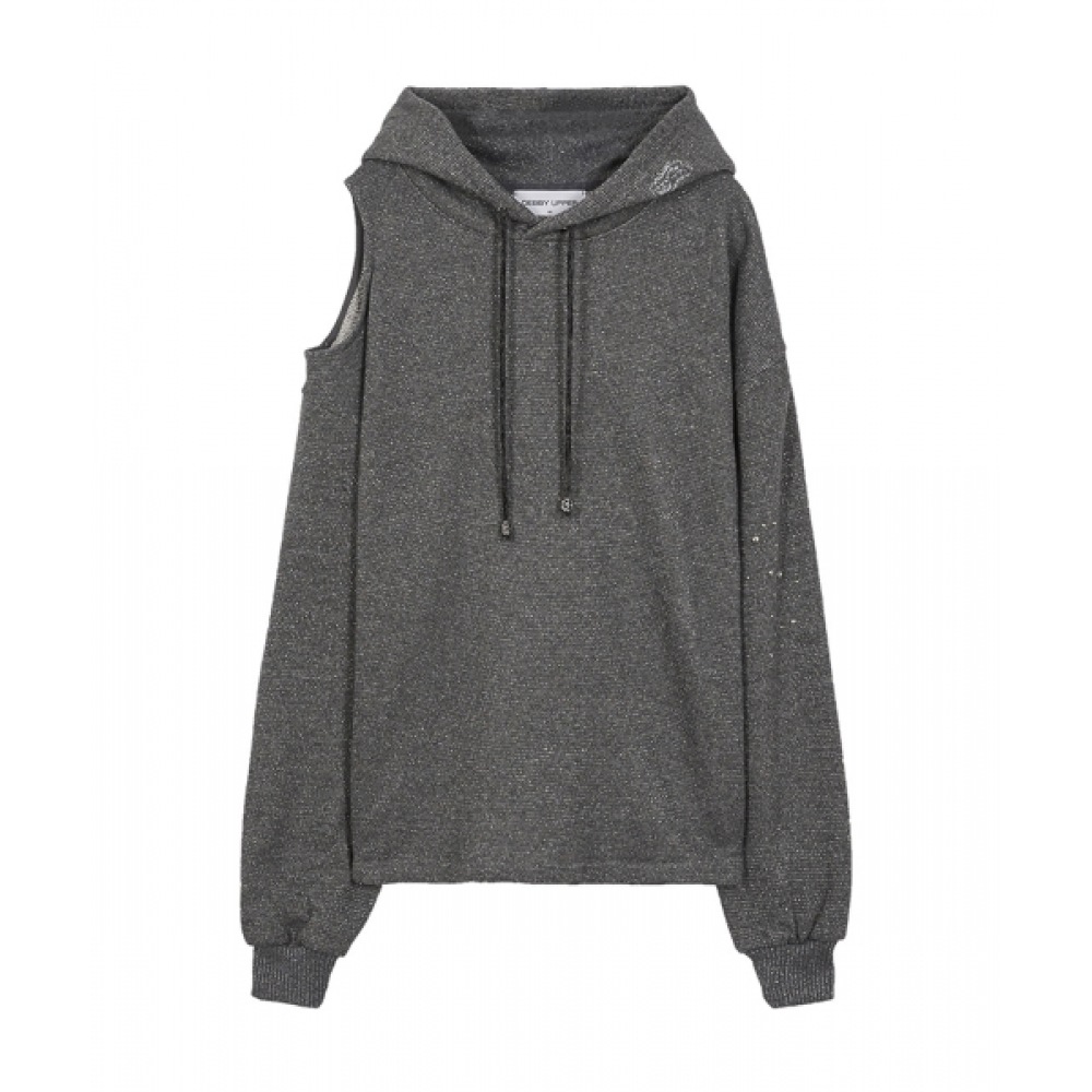 デビーアッパーワンショルダーカットアウトメタリックパーカー_チャコール