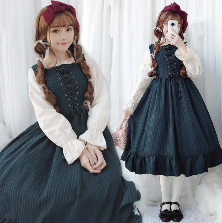 ロリータ服 長袖ワンピース お姫様ワンピース プリンセスドレス ロリータワンピース ロング丈ワンピ お嬢様 ストライプ フリル 可愛いコスチューム ゴスロリ コスプレ衣装 舞台衣装 文化祭 学園祭 イ