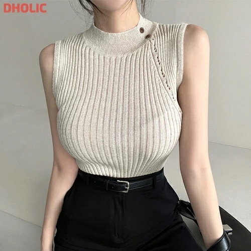 [メガ割りSALE]リネン混リブハーフネックダイアゴナルラインスリムニット