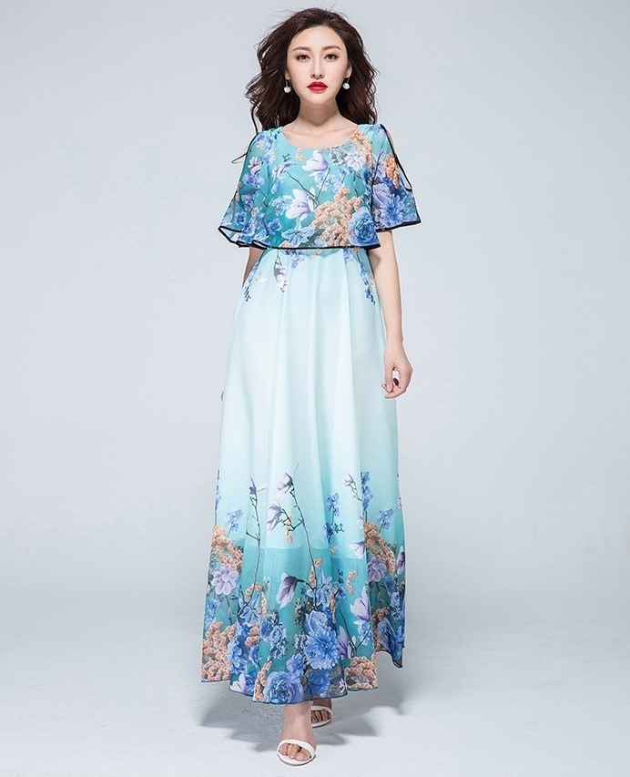 1947.シースルーフレアロングドレス（スカイブルー花柄カラフル）2019 春夏 sale 春夏 sale ワンピース 花柄 Uネック 五分袖 エレガント お呼ばれ パーティー 結婚式 披露宴 女子