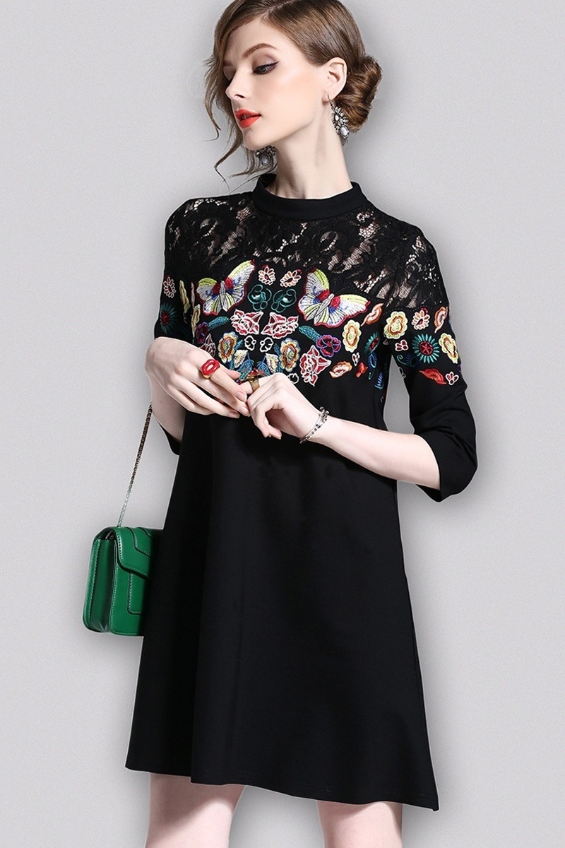 1857.Aラインレースアップドレス 2019 春夏 sale 春夏 sale ワンピース 刺繍 七分袖 お呼ばれ パーティー 結婚式 披露宴 二次会 女子会 レストラン デート