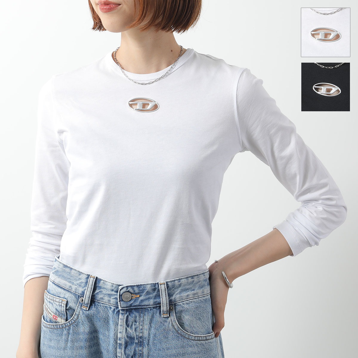 DIESEL ディーゼル 長袖Tシャツ t-uncutie-long-ls-od A19438 0CLBR レディース Dロゴ ストレッチ カットソー クルーネック カラー2色