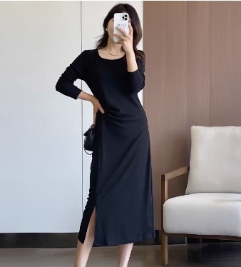 ワンピース ミモレ ミモレ丈 袖あり 7分袖 七分袖 Uネック ラウンドネック スリット サイドスリット 快適 着心地 かわいい 大人可愛い きれいめ シンプル カジュアル 大人 上品 おしゃれ