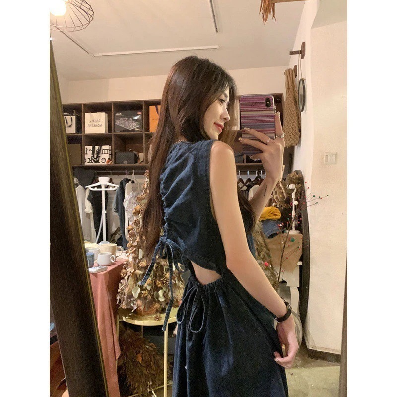女性のための巾着バックレスデニムドレス 2024 年夏中空デザインウエスト痩身タンクトップドレス