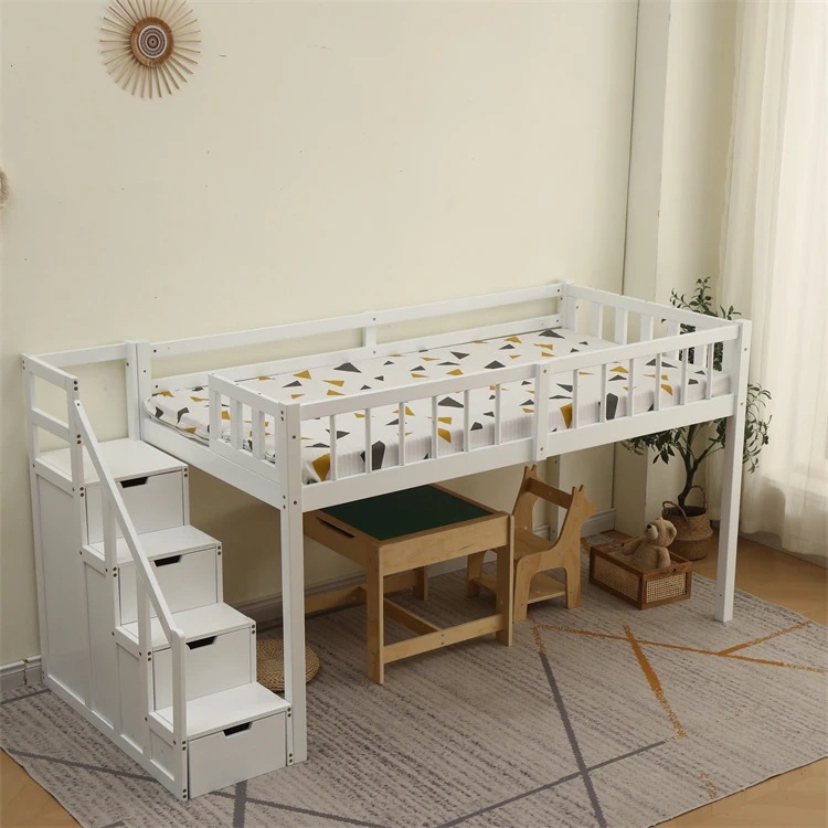 北欧風 ロフトベッド 木製 新作 ホワイト ベッド ロフト システムベッド 子供ベッド シングル ロフトベッドロータイプ ウッド 階段 収納 子供部屋