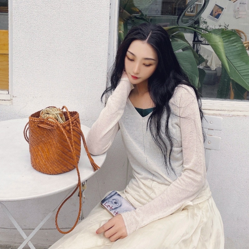 頭層牛革編みバケツバッグ本革菜バスケットバッグレトロポーチins風