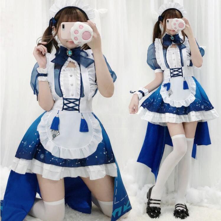 コスプレ メイド服 ロリータ ワンピース レディース 大人 ハロウィン衣装 メイドコス 半袖 ショート丈 裾フリル ワンピース 後ろが長い エプロンドレス 大きいリ