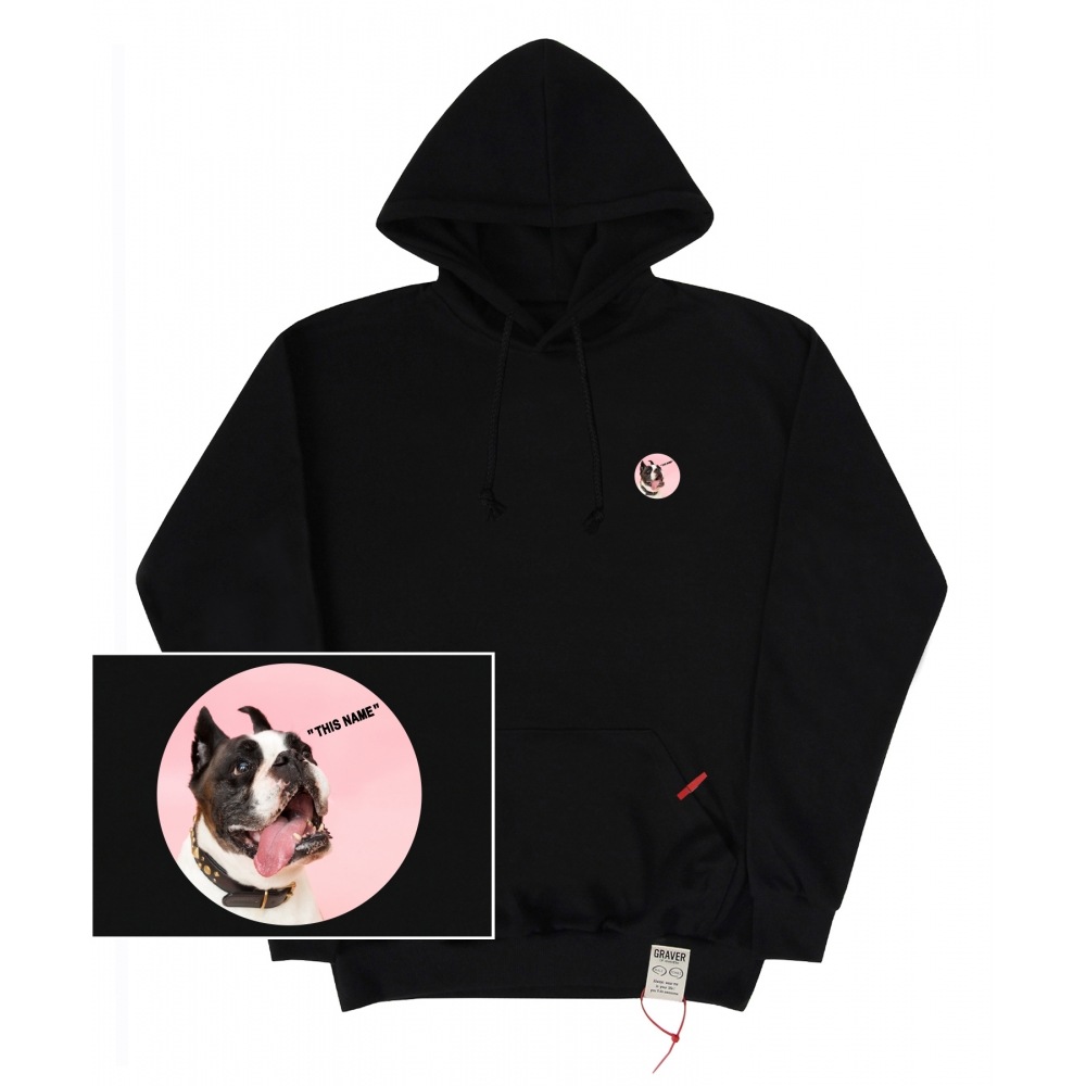 GRAVER [UNISEX] スモールピンクドットパグプリント フードティー_ブラック