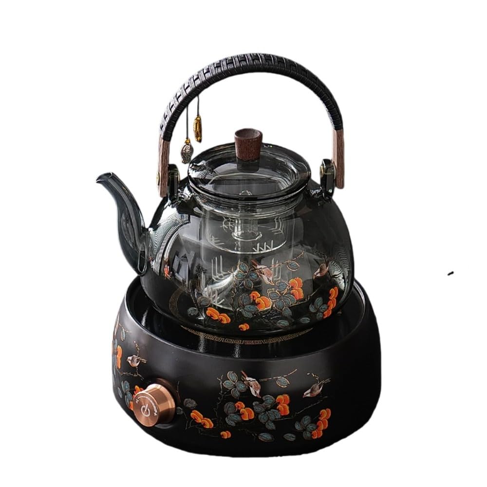 ガラス ティーポットIH 調理台に最適手吹き透明ティーポット耐熱性スタイリッシュ大容量飛散防止高ホウケイ酸素材製 (電気セラミックストーブ（黒 - あなたの願いが叶いますように）+秋の