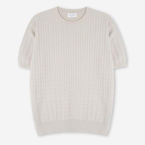 男性ケーブルリネンラウンド半袖ニットTシャツ AT-KNH-Q012-グレーベージュ