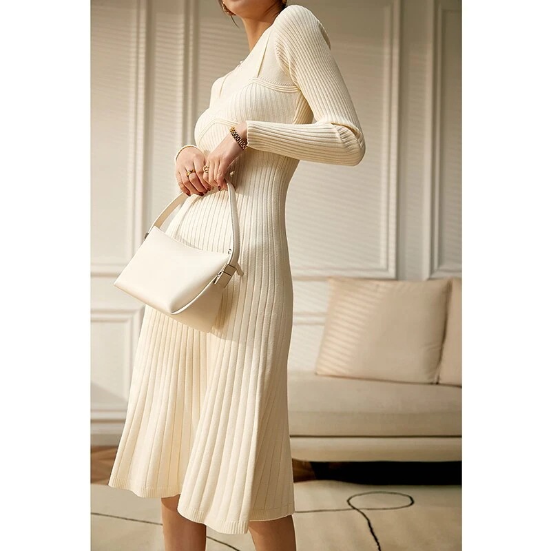 ワンピース ミモレ ロング フレア Aライン 長袖 ラウンドネック 細身 スリム リブニット 伸縮性 かわいい 大人可愛い シンプル 学生 秋 冬 デート お出かけ 重ね着 S XL 白