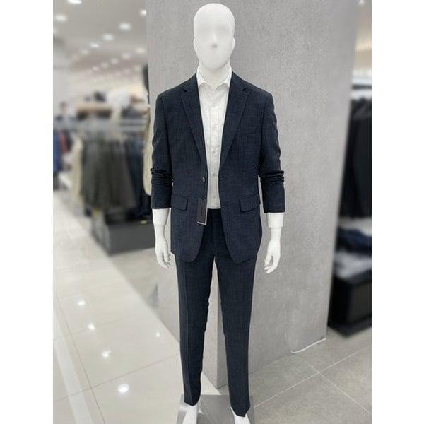 男性ベーシックフィット 涼しい夏のリネンライク カジュアルスーツ セット 基本ネイビー スーツ 服 セット_JK