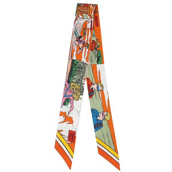 エルメス HERMES スカーフ ツイリー シルク オレンジ×ヴェール×ローズ 【WOW/アメコミ風】 【箱】【中古】