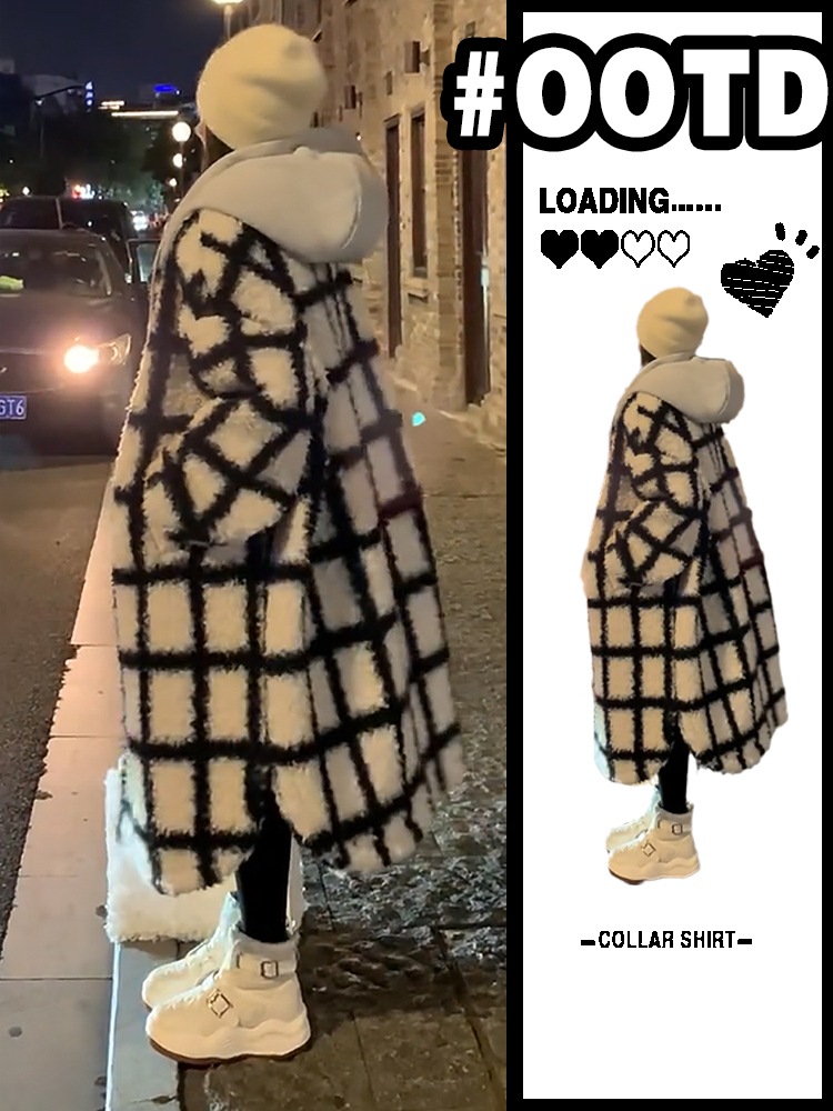 フード付きチェック柄ラムウールコート レディース フード付きミドルコート 格子縞 コート. ジャケット アウター カジュアル ストリート アメカジ オーバーサイズ D347