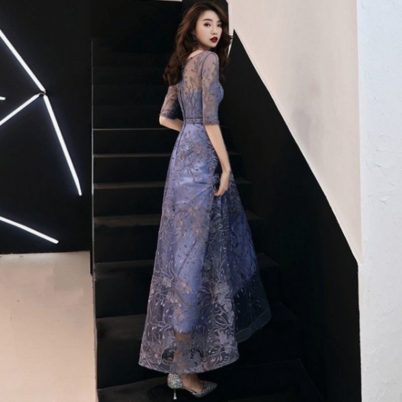 パーティードレス ロングドレス フォマール 結婚式 演奏会 袖あり ネイビー ブラック ロング丈 ワンピース レース 大人 上品 お呼ばれ 食事会 二次会
