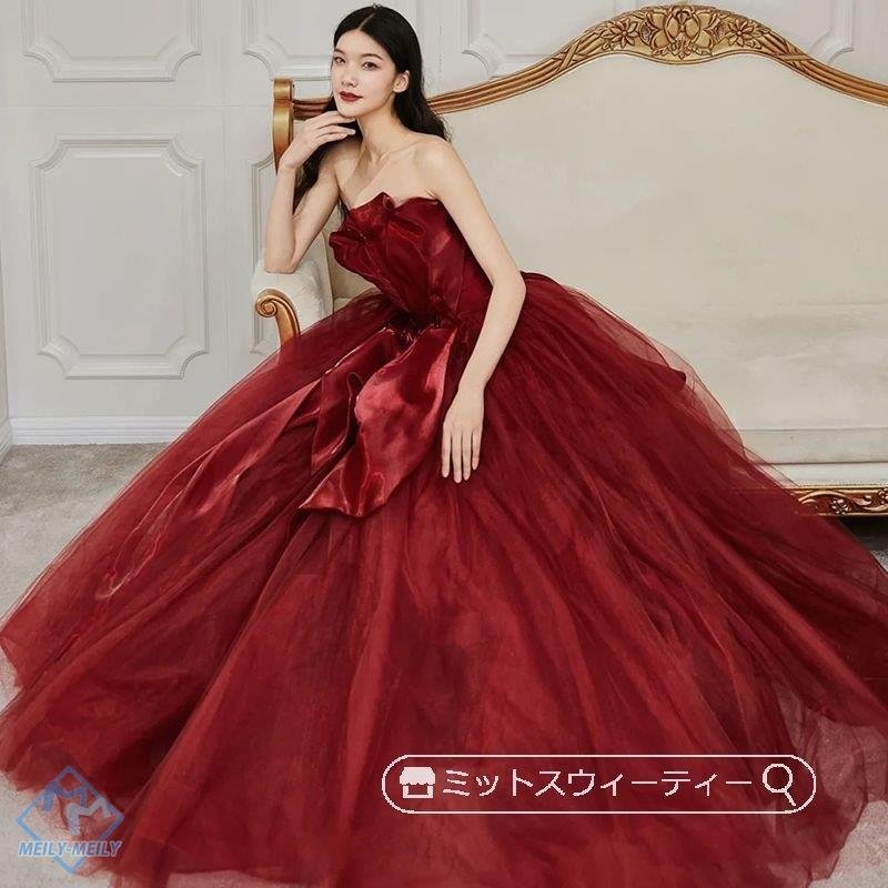 カラードレス アンティークレッド 二次会 パーティードレス 演奏会 発表会 花嫁 結婚式 ウェディン