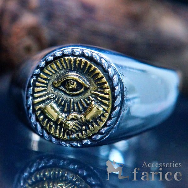 シルバーアクセサリー フリーメイソン プロビデンスの目 秘密結社 握手 ゴールド 指輪 リング