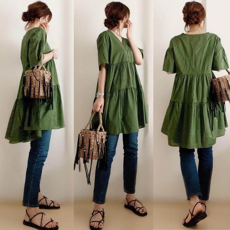 【通気性よく柔軟肌に親しい】 デザイ カジュアル シンプル ギャザー 無地 ブラウス 大人カジュアル