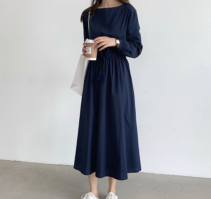 レディース ワンピース 膝下 ミモレ 長袖 ラウンドネック Aライン 大人可愛い シンプル カジュアル 上品 無地 春 秋 発表会 母の日 授業参観 MTG ミーティング ママ マタニティ 20代