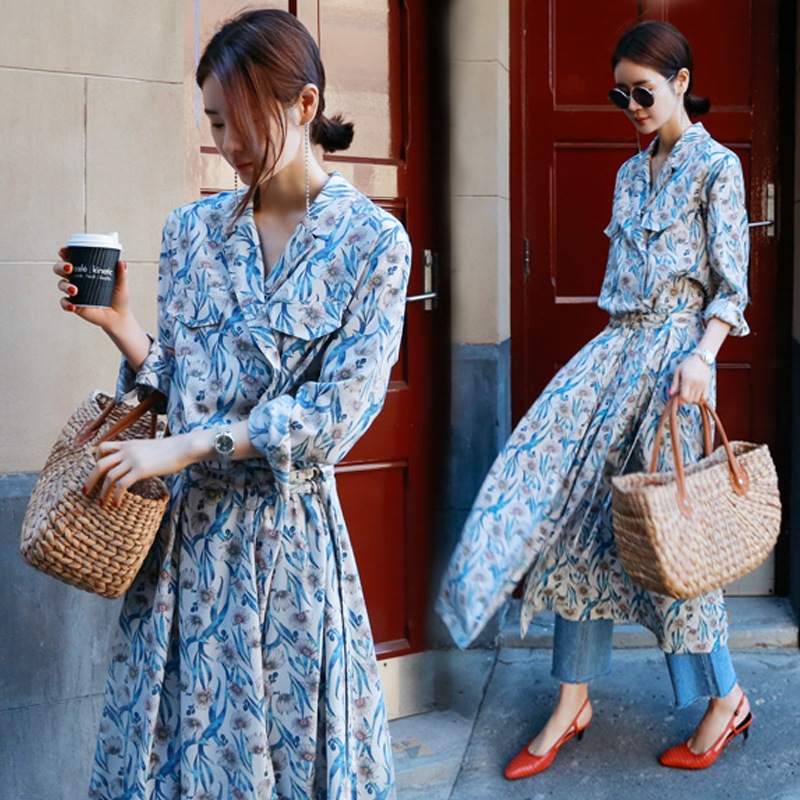 Vネックシフォン長袖ワンピース シャツロングスカート ウエストスリミング フラワーワンピース ハイウエスト ワンピース フラワーデザイン a2571