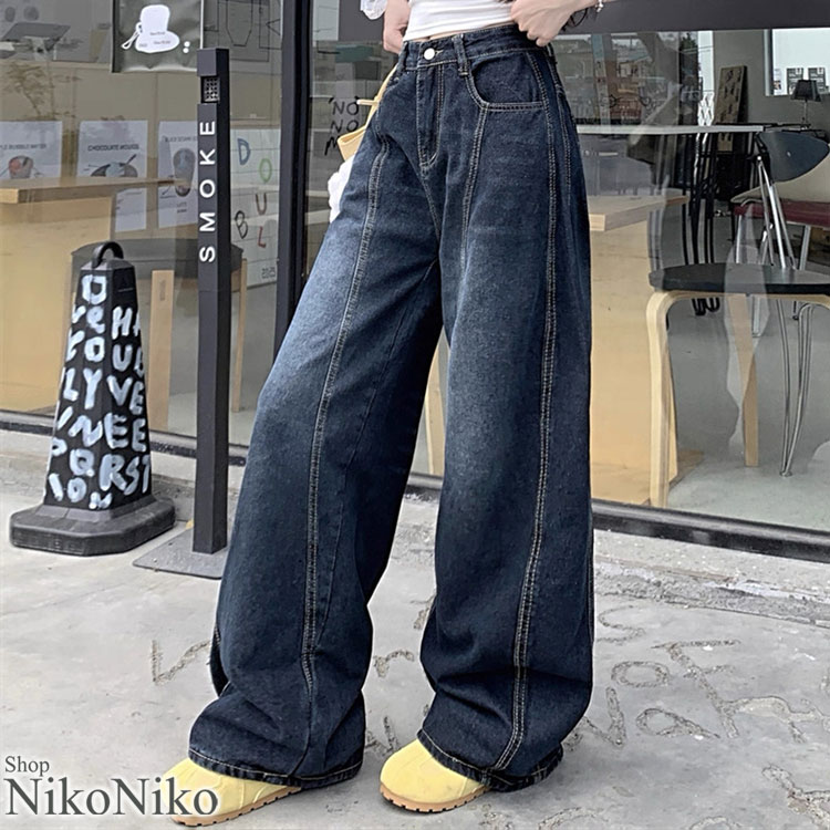 バックロゴ刺繍 ワイドシルエット カーブデニムパンツ【即納】 レディース 韓国 プチプラ おしゃれ