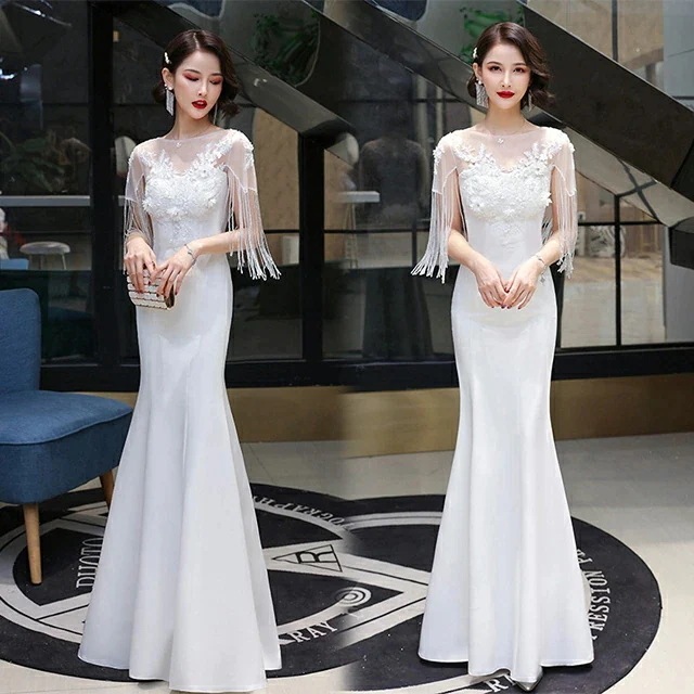2026年新製品 マーメイドドレス 白 ホワイトドレス マーメイドライン ドレス 袖あり イブニングドレス サテン フリンジ オシャレ キレイめ パーティードレス 優雅 エレガント 30代 発表会ドレ