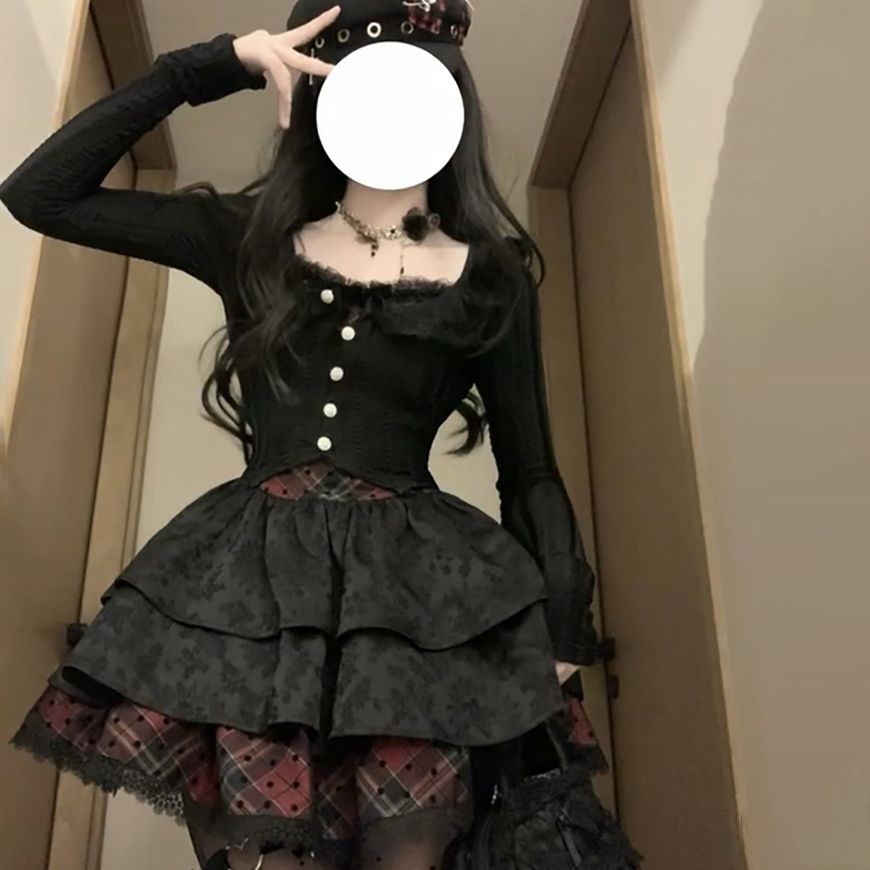 フレンチヘボン風プリンセスクールスタイル長袖カーディガン赤と黒のチェック柄ふくらみドレス2点セット