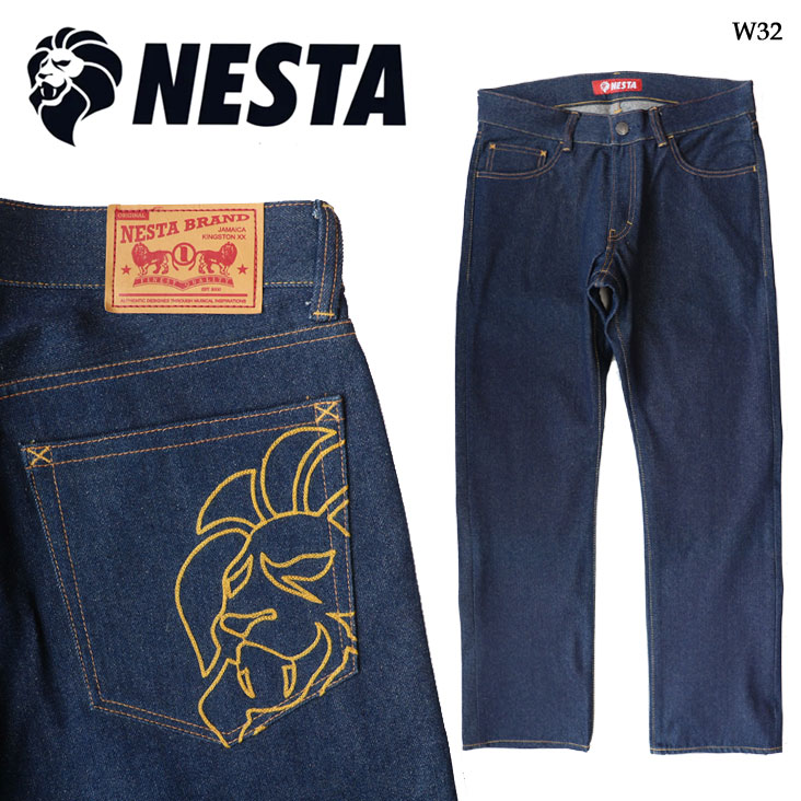 NESTA BRAND ネスタブランド ジーンズ デニム W32 ジッパーフライ レザーパッチ 刺繍 ストリート ブランド コットン 綿100％ ジーパン ストレート ボブマーリー DN1401HB