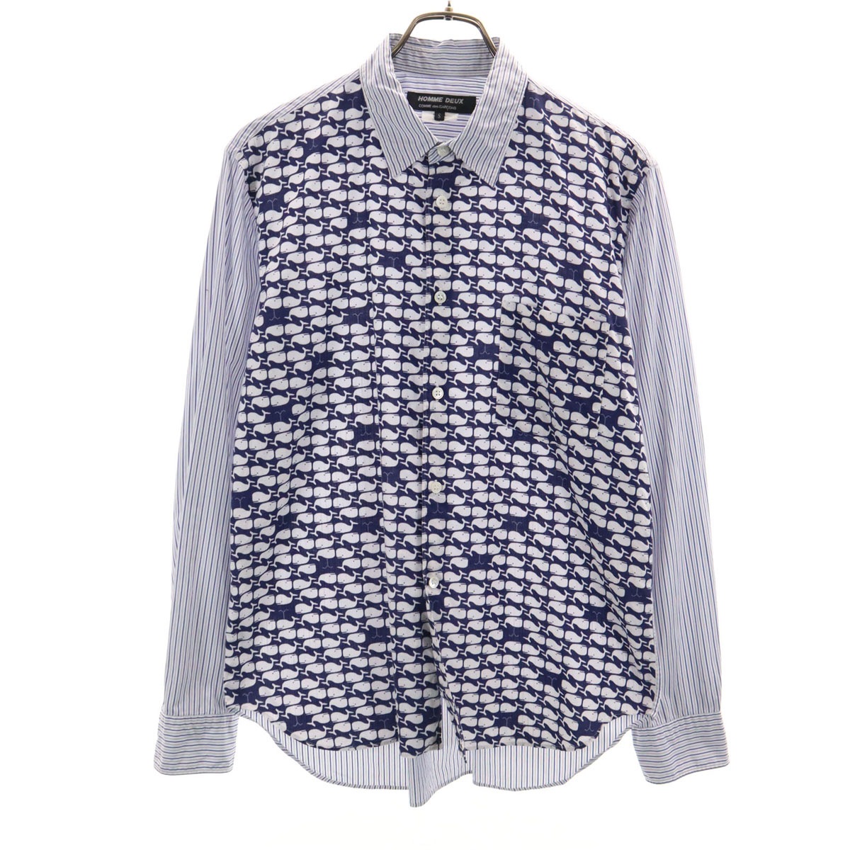 COMME des GARCONS HOMME DEUX コムデギャルソンオムドゥ 2014年 日本製 ストライプ柄 クジラ 長袖 コットンシャツ S ホワイト メンズ 古着