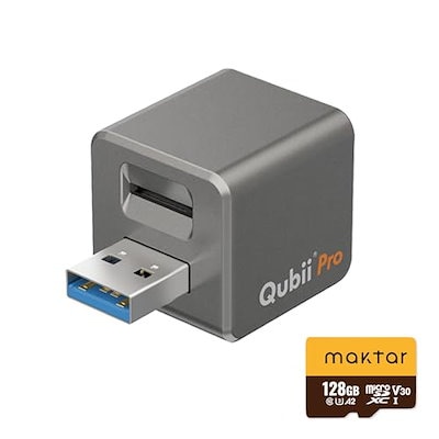 他サイト： Maktar Qubii Pro グレー (microSD 128GB付) 充電しながら自動バックアップ iphone usbメモリ ipad 容量不足解消 写真 動画 音楽 連絡先 SNS データの商品画像