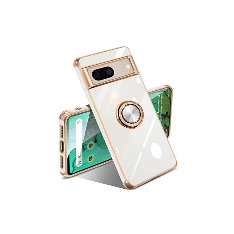 Google Pixel 7 ケース リング付き リング 米軍MIL規格 人気 耐衝撃 ピクセル7 カバー 携帯カバー TPU 軽量 スタンド機能 車載ホルダー対応 360回転 指紋防止(ホワイト)