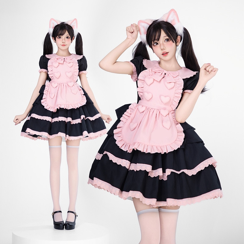 黒ピンクのロリータドレス甘い日本のメイド服猫好きの柔らかい妹姫コスプレ衣装