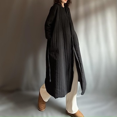 冬の作　レトロな　斜め襟　バンド　ロング　コットンコート　中国風　厚　キルティング　綿麻　縦棒　圧綿　綿コート