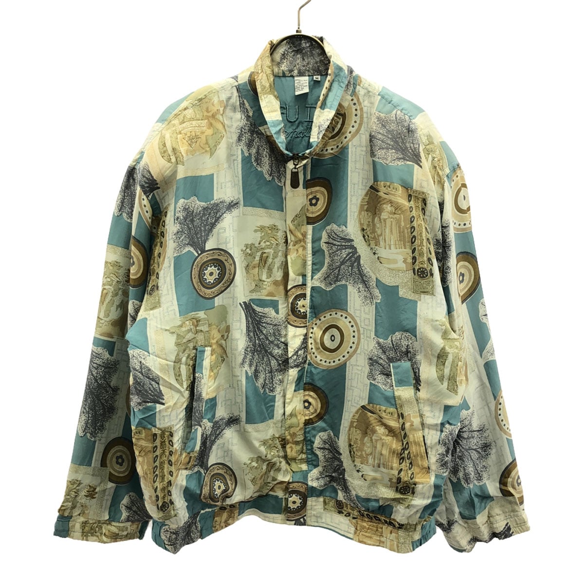 FUDA フーダ 80s 90s シルク100% オールド 総柄 ジップジャケット M ブルー系×ホワイト ブルゾン メンズ 古着