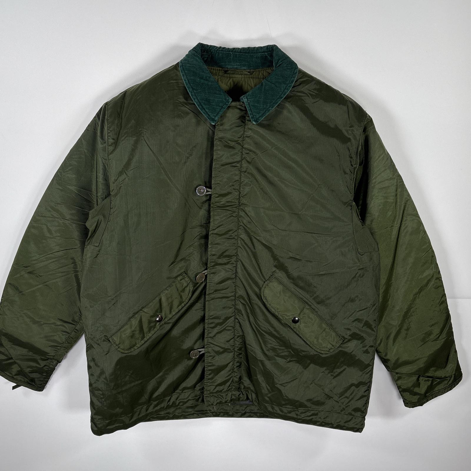 古着 ナイロンデッキジャケット 米軍　海軍 U.S.NAVY 襟コーデュロイ グリーン メンズ