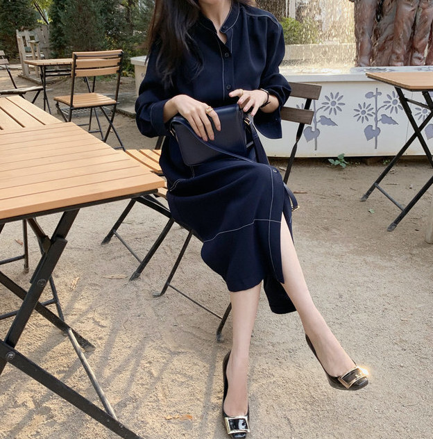 ワンピース マキシ丈 袖あり 長袖 スタンドカラー Aライン リボン ウエストマーク ウエストリボン バックスリット 前開き 2way デニム かわいい 大人可愛い きれいめ シンプル 大人 5,314円