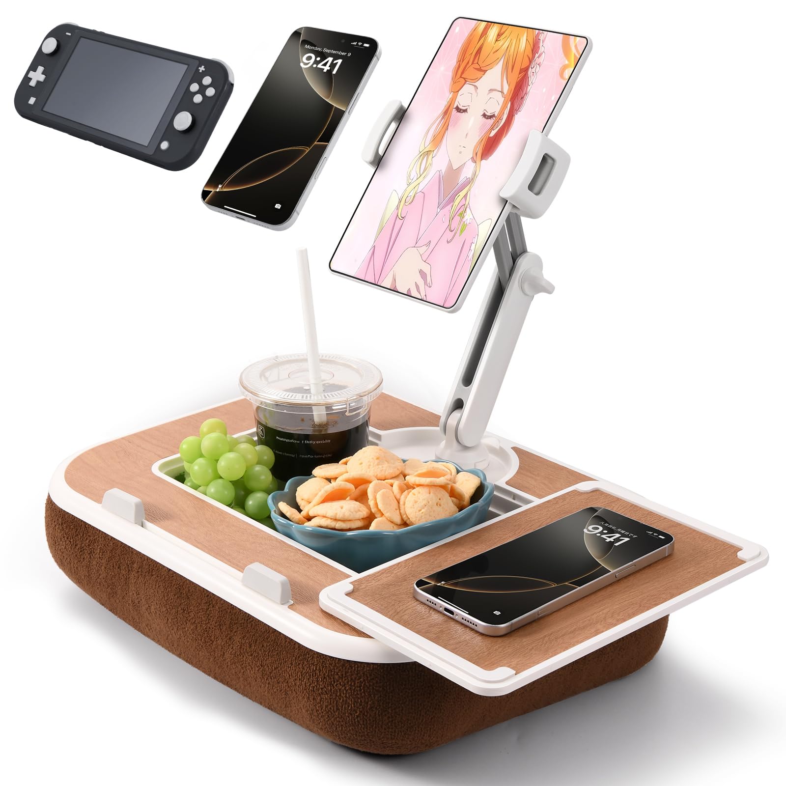 360回転可能なスマホスタンド付きラップトップテーブル4.713インチのスマホ・Kindle・タブレット・iPadに対応お菓子ボウル＆メモパッド付きクッションテーブルでベッド・ソファ・フロア