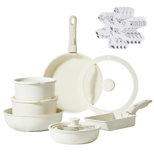 CAROTE カローテ フライパン セット 12点 IH対応 ガス火対応 PFOA PFOS フリー 鍋セット 取っ手のとれる マーブルコート こびりつきにくい 手入れ簡単 ベージュ 一年保証 +収納