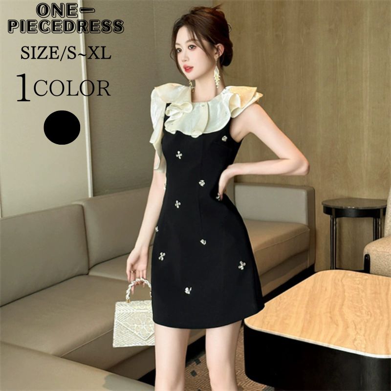 ワンピスドレス　Aラインワンピース　パーティードレス　ミニ丈ワンピース　フォーマル　ビジュー付き　フリル襟　ノースリーブ　姫系　セクシー上品 大人 きれいめ キャバ嬢　お水　結婚式 20代 30代 4