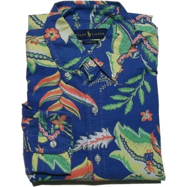 長袖 ワンポイント ボタンダウンシャツ アロハ柄 ブルー PR2-1294