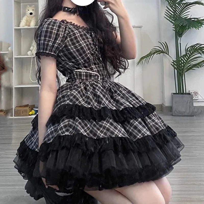 黒格子縞のドレス軽いアジアンウエストケーキスカートリトルブラックスカート女性夏 コスプレ コスプレ セクシー ワンピース 韓国 ワンピース ドレス ロングワンピースワンピース ドレス ワンピース 秋冬